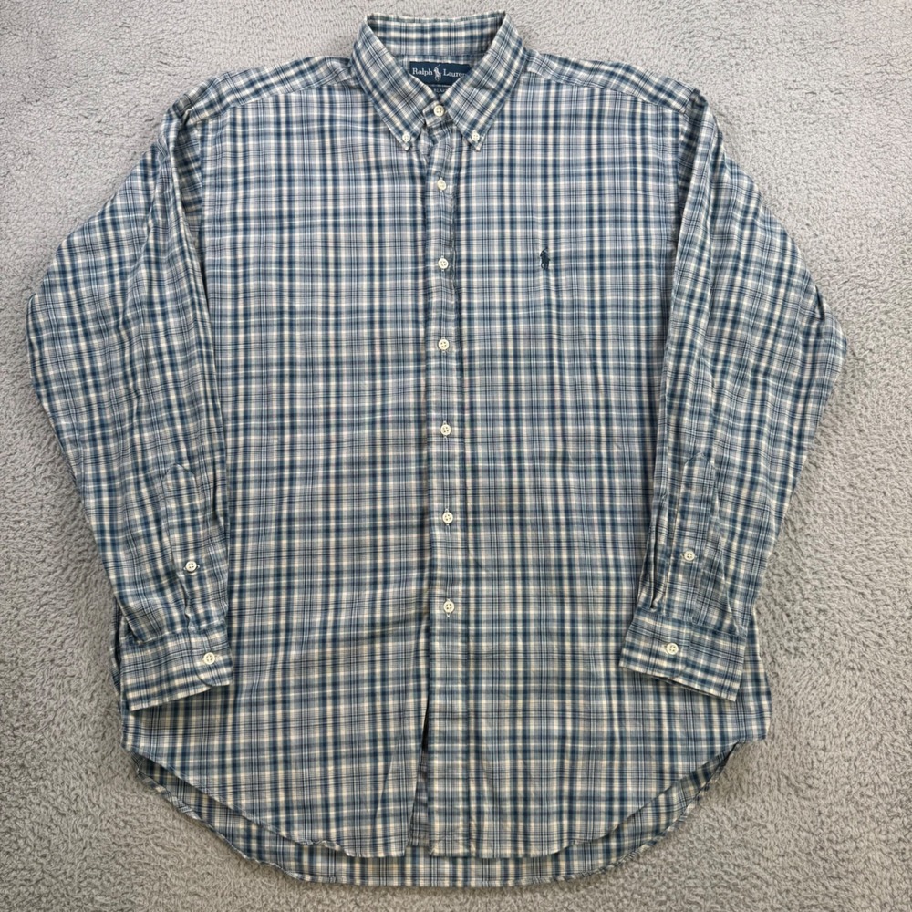 Ralph Lauren Blake Mens Large Blue Plaid Button Down‎ Shirt Cotton Long Sleeve